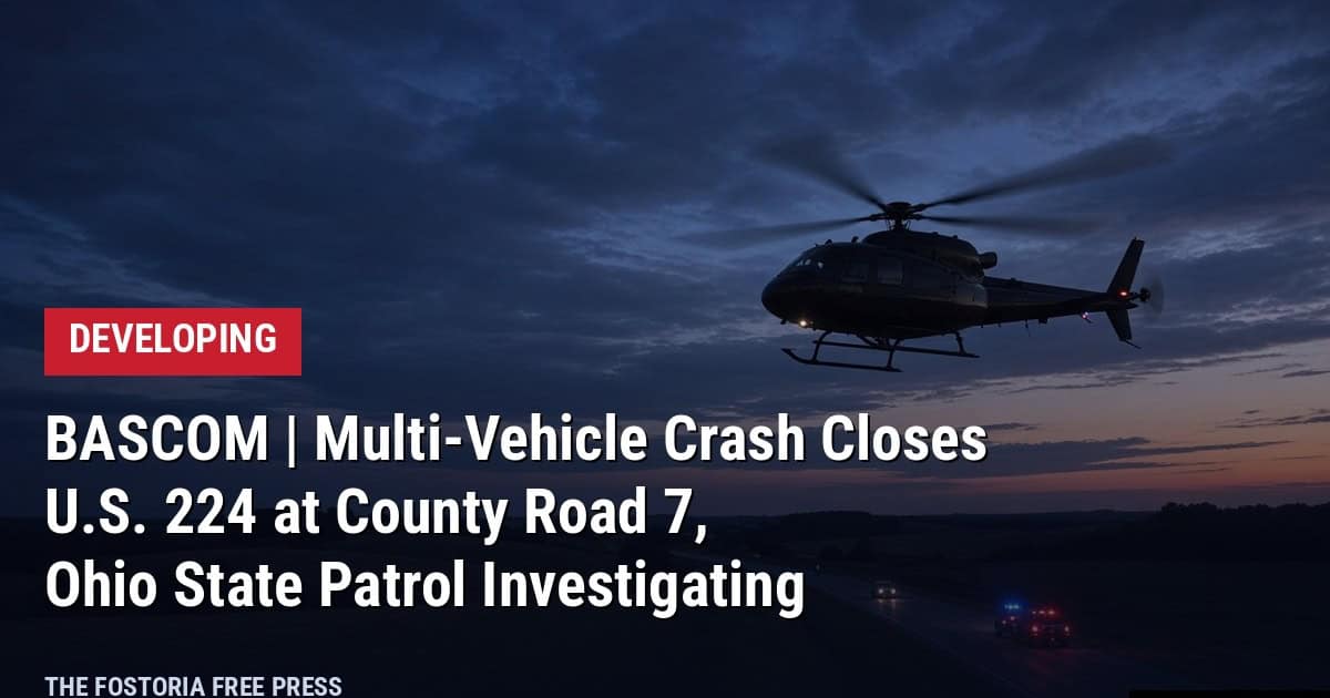 AI-generated illustration: medical helicopter over a highway at dusk with the headline Bascom multi-vehicle crash closes U.S. 224 at County Road 7, Developing